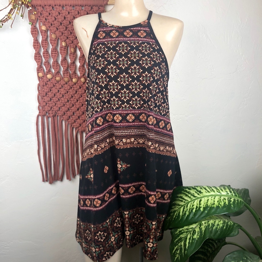 Xhilaration Black Mini Dress with Pink and Tan Pattern